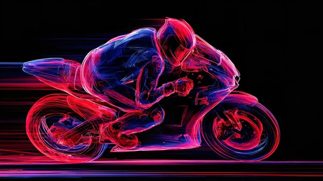 Abstract neon art of a motorcycle rider in full speed on black background