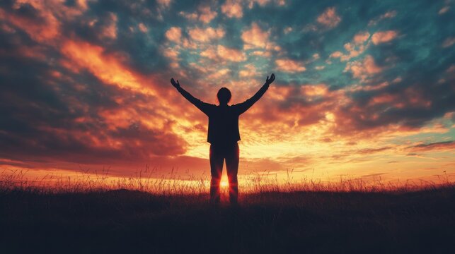Person celebrating at sunrise beach silhouette image dramatic environment low angle emotive expression