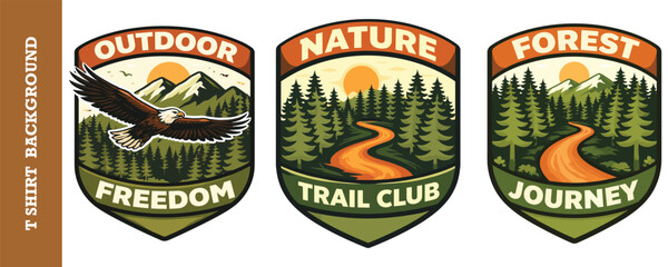 Outdoor freedom nature trail forest journey vector t-shirt background emblem. © jubayer95