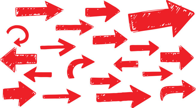 Various bold brush drawn curved arrows. Collection doodle marker thick arrows in different directions. Hand drawn vector direction pointers. Curved and wavy brush strokes