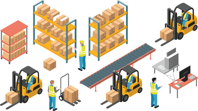 Isometric warehouse workflow with forklifts, conveyor system, and inventory management