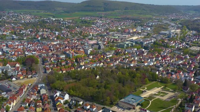 Aerial view of the old town and city Aalen in Germany on a sunny spring day 