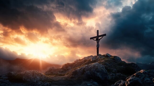 Dramatic crucifixion scene jesus on cross silhouette golgotha artwork twilight side view sacrifice