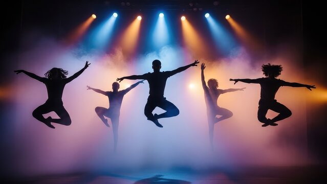 Silhouettes of dancers jumping in unison on a foggy stage with colorful spotlights shining down