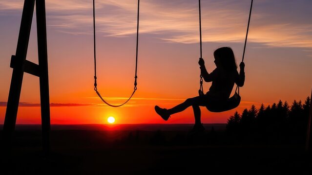 Silhouette of a child swinging on a swing set against a vibrant orange and purple sunset sky with trees