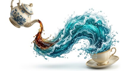 Fototapeta premium A teapot pours water into a cup, creating colorful waves that flow in a unique manner