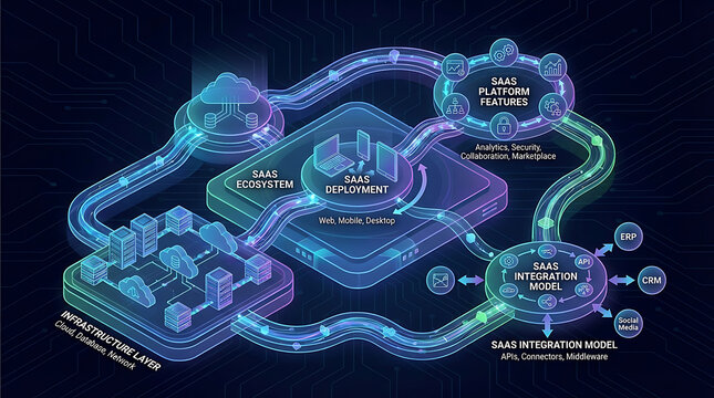 Abstract isometric 3D visualization of Software as a Service SaaS infrastructure featuring cloud deployment architecture platform modules and digital integration ecosystem within virtual space