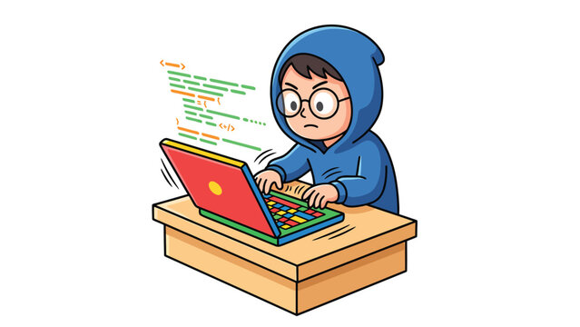 Focused Young Programmer Coding on Laptop. Child Developer with Code Lines. Digital Technology Illustration.