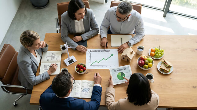 Top view of corporate professional team analyzing ecological investment and renewable energy strategy with wind turbine diagram and sustainable wooden house model during boardroom meeting.