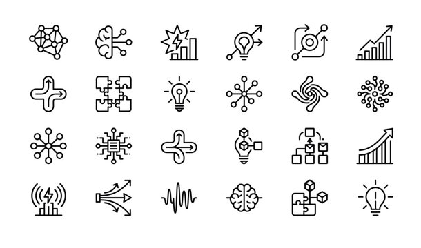 AI Technology and Data Analytics Line Icons Set, Artificial Intelligence Business Innovation Vector Outline Icons Pack