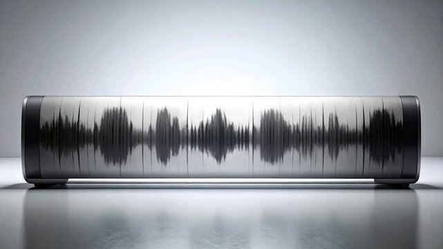 A cylindrical object displaying a soundwave graphic, against a light backdrop