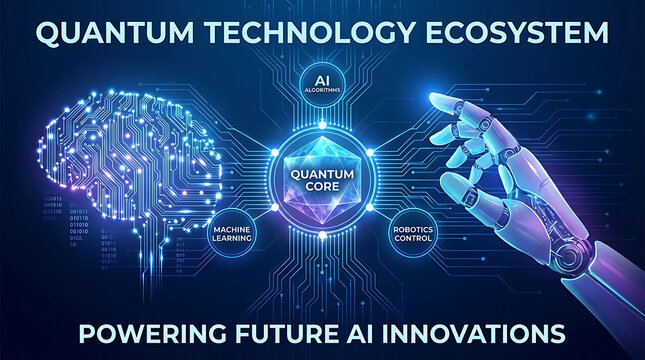 Futuristic digital visualization of a quantum computing network integrated with artificial intelligence neural pathways, sophisticated robotics, and advanced scientific data processing systems.