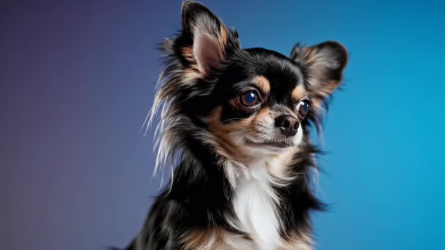Close-up shots of a small black and brown dog with large ears and expressive eyes, showcasing different angles and gentle movements against a blue background