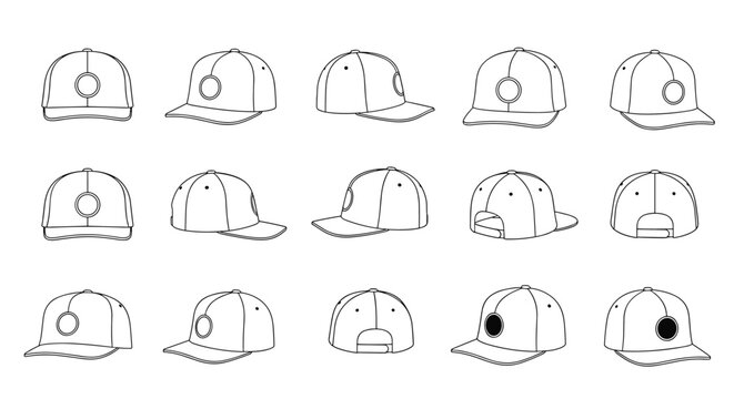 Baseball cap design template features multiple black and white line drawings of hats shown from the front, side, and back perspectives.