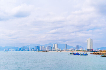 Panorama of Nha Trang city in Vietnam on a cloudy day. Panoramic view of the Nha Trang waterfront with sea