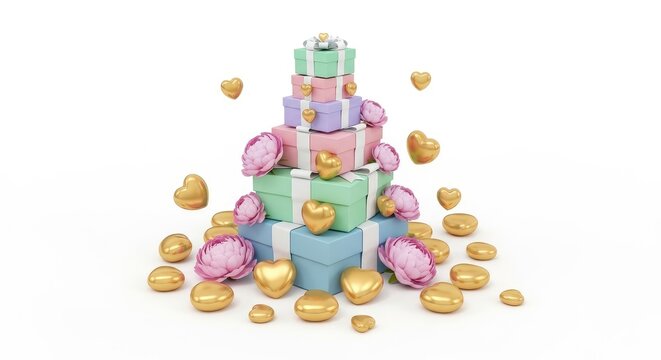 Pastel gift boxes with white ribbons and gold hearts and flowers mother's day background wallpaper poster banner download 2026 2027