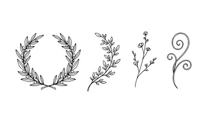 Hand drawn laurel wreath and botanical branches set leaves twigs floral ornament vector collection © MdHacib