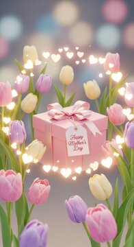 Pink gift box with Happy Mother's Day tag surrounded by tulips and heart lights mother's day background wallpaper poster banner download 2026 2027