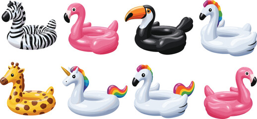 Obraz premium Set of Colorful Inflatable Animal Pool Floats Vector Illustrations Featuring Zebra, Flamingo, Giraffe, Toucan, and Unicorn for Summer and Water Fun Designs