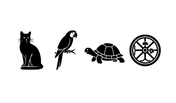 Minimal animal silhouette icons cat parrot turtle wheel vector set isolated on white