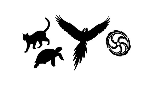 Animal silhouette icon set cat parrot turtle wheel wildlife vector collection isolated