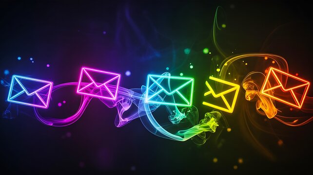 Colorful neon email icons with glowing lines digital communication concept background

