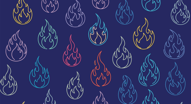 Seamless background pattern of vibrant neon-style flame outlines in multiple colors scattered on a dark navy blue background.