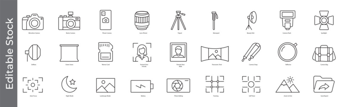 Photography and camera equipment icon set &ndash; editable outline symbols of camera, lens, tripod, lighting, photo editing and studio accessories