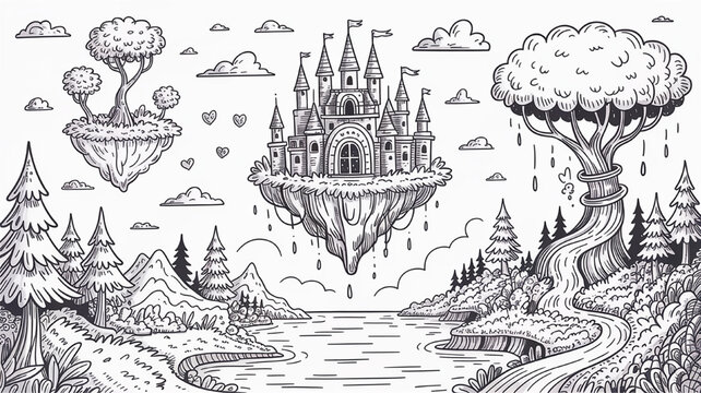 Fantasy floating castle and surreal landscape with trees and islands hand-drawn illustration for game design and storybook