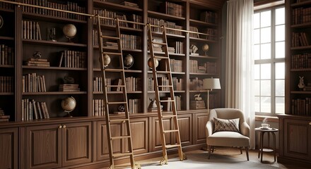 Obraz premium A cozy library with a comfortable reading chair and tall bookshelves