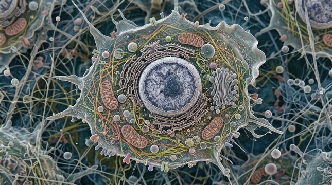 Eukaryotic cell displaying detailed internal organelle, prominent nucleus, mitochondrion, endoplasmic reticulum, golgi apparatus, complex cytoplasmic organization, cellular membrane.