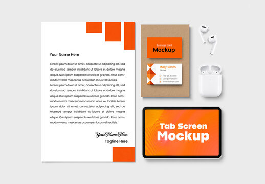 Corporate Stationery Branding Mockup Set with Tablet Screen Business Cards Letterhead