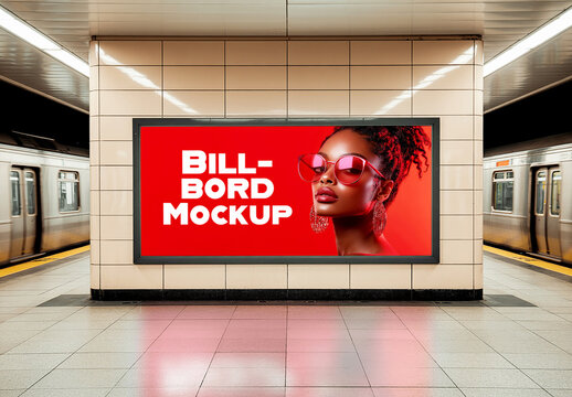 Horizontal Billboard Mockup on Tiled Wall in Subway Station Platform with Trains and Fashion Model