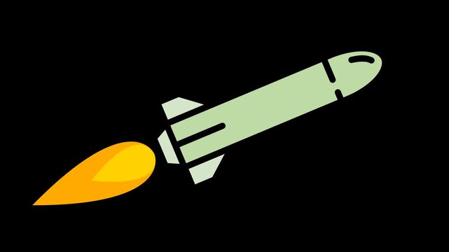 Seamless looping animation of a green ballistic missile launching. 4K military weapon motion graphic isolated on alpha channel transparent background for defense and missile system themes