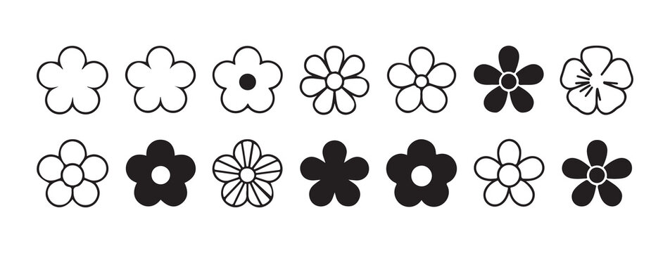 Assortment of simple flower designs in outline and solid black vector graphics.