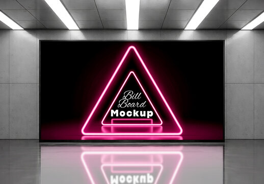 Large Digital Billboard Mockup with Pink Neon Triangle Light Design in Modern Indoor Hall