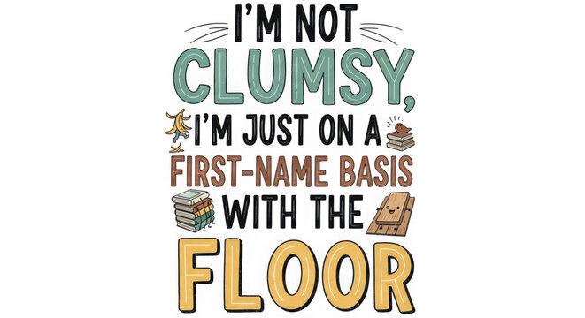 A humorous typographic design on a black background with colorful text and illustrations saying I'm not clumsy I'm just on a first-name basis with the floor on transparent background