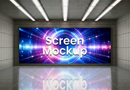 Large Digital Screen Mockup in Modern Indoor Space with Futuristic Blue and Purple Light Design