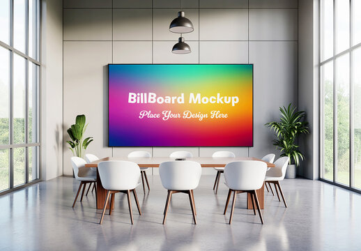 Large Digital Billboard Mockup on Wall in Modern Conference Room with Meeting Table and Chairs