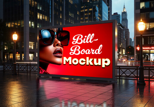Large Horizontal Billboard Mockup on City Street at Night with Fashion Model and Red Background