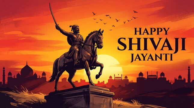 Chhatrapati shivaji maharaj equestrian warrior illustration at sunrise symbolizing maratha leadership courage indian history cultural pride and heritage ...