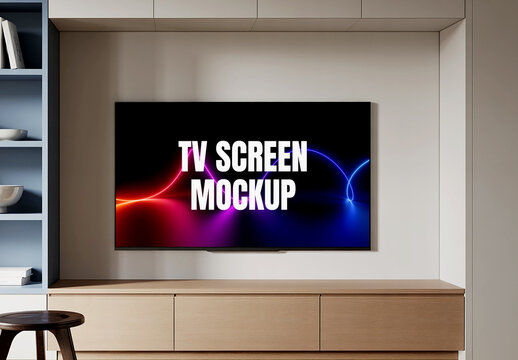 Modern TV Screen Mockup on Wall in Living Room Interior with Minimalist Cabinet and Bookshelf