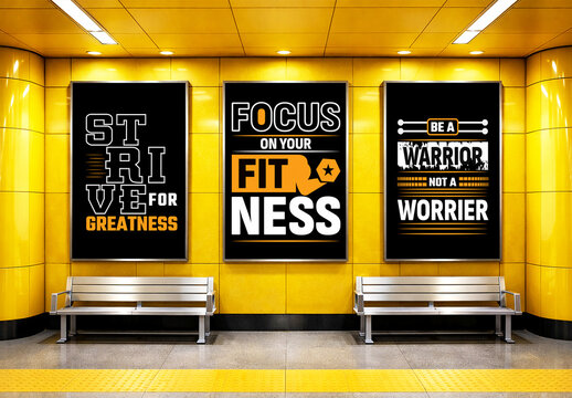 Motivational Fitness Poster Mockup in Subway Station