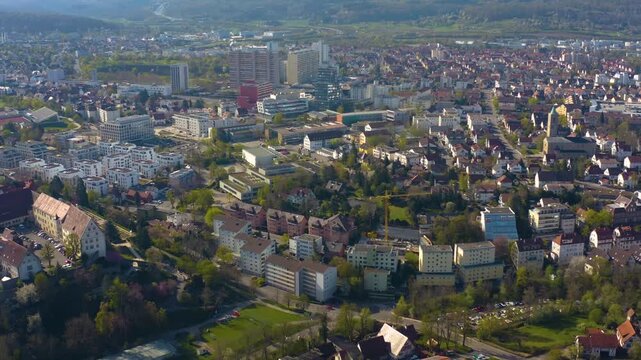 Aerial view of the old town city Leonberg in Germany on a sunny spring day