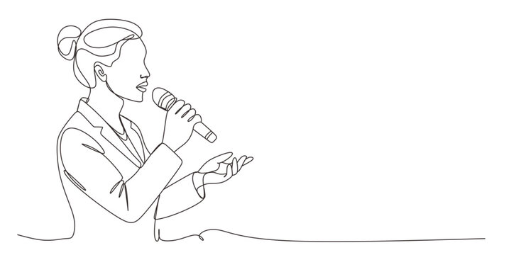 One line drawing of a businesswoman speaking into a microphone. Minimalist vector illustration of a public speaker or presenter giving a talk. Professional business presentation concept