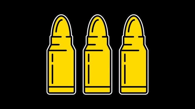 Seamless loop animation of three pulsating ammunition bullets. 4K military brass rounds isolated on alpha channel transparent background for gun, weaponry, and shooting related designs