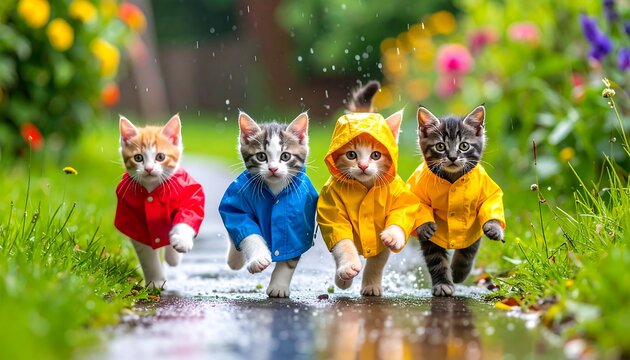 Four adorable kittens wearing colorful raincoats run joyfully through a puddle, surrounded by lush greenery