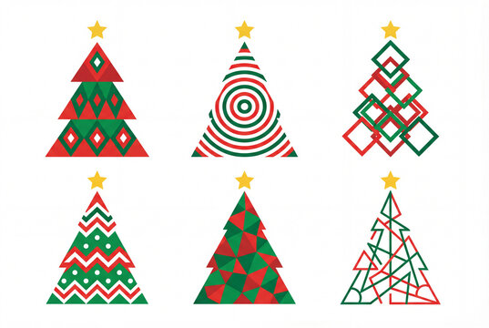 Collection of geometric Christmas tree icons in abstract style for holiday design
