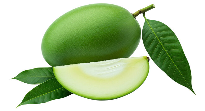 Fresh Whole Green Mango Fruit with Slice and Leaves Isolated on Black Background with Clipping Path