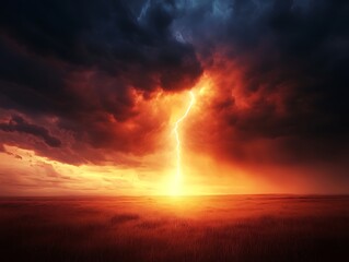Obraz premium Powerful lightning bolt strikes the horizon under a dramatic stormy sky